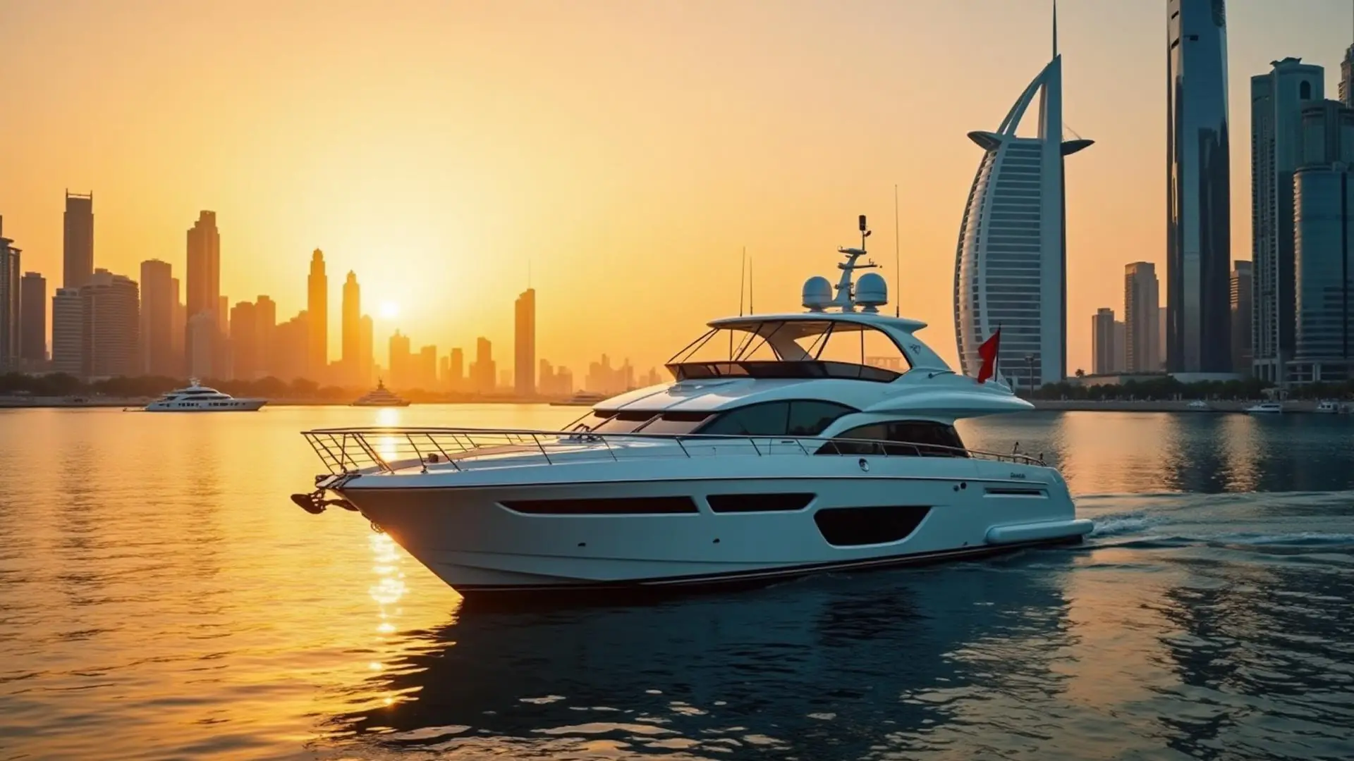 Luxury yacht in Dubai Marina at sunset